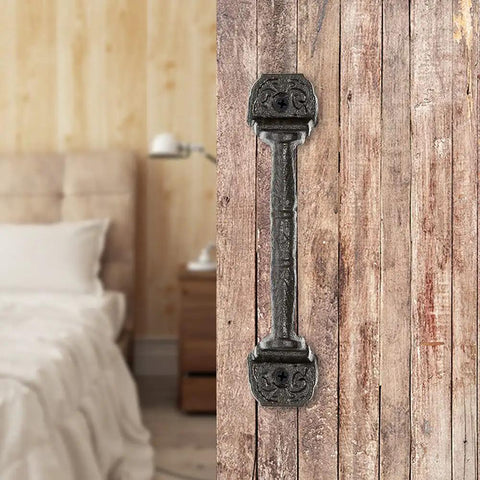 Four Pack Cast Iron Sliding Barn Door Handles 5.51 Inch Dark Brown Vintage Metal Pulls For Outdoor Fence Gate Cabinet Drawer Closet Garage Interior Built To Last Rust Resistant installed on wood door next to a bed