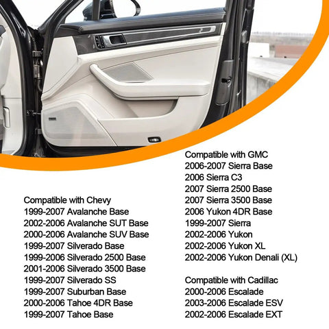 Open car door showing compatibility list for Beefed Up Car Door Hinge Roller Pin And Bushing Repair Kit For Truck And SUV Doors