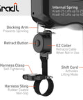 Close-up of Two Pack 40 Pound Ceiling Mount Bike Lift And Rack For No Fuss Bicycle Storage Without Electricity Ropes Or Pulleys With Internal Spring Hoist features with retract button and harness system.