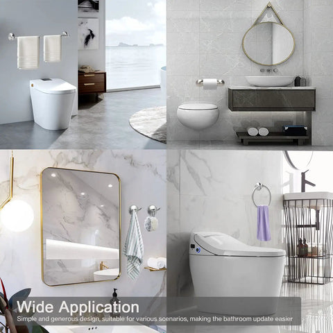 Must-Have 8-Piece Bathroom Hardware Set in Brushed Nickel installed, featuring towel bars and hooks in modern bathrooms.