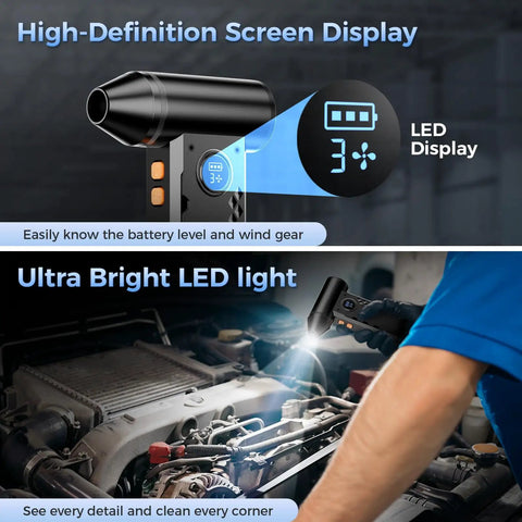 Beast Mode 150000 RPM Cordless Air Duster With LED Display and Light in use under car hood, showing screen and bright LED