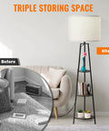 Three Tier Round Corner Floor Lamp With Shelves Dimmable Levels White Fabric Shade Tall Modern Standing Lamp For Bedroom Living Room And Office Built In Three Tier Shelves Holds Books Plants And Decor All In One Dope Setup next to couch showcasing organization improvement