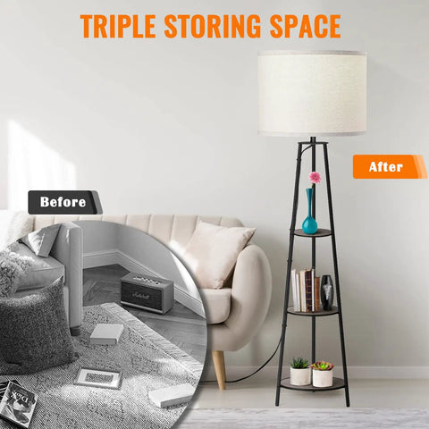 Three Tier Round Corner Floor Lamp With Shelves Dimmable Levels White Fabric Shade Tall Modern Standing Lamp For Bedroom Living Room And Office Built In Three Tier Shelves Holds Books Plants And Decor All In One Dope Setup next to couch showcasing organization improvement