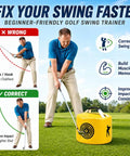 Man practicing with Golf Swing Training Hitting Bag Pro Power Smash Bag for indoor outdoor practice waterproof durable yellow.