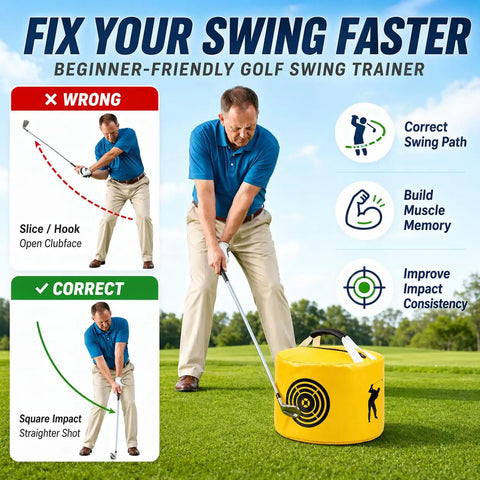 Man practicing with Golf Swing Training Hitting Bag Pro Power Smash Bag for indoor outdoor practice waterproof durable yellow.