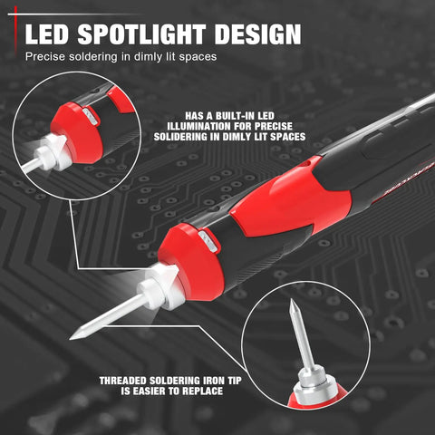 Cordless Soldering Iron Kit 4V Rechargeable With 2000mAh Lithium Battery, LED spotlight, replaceable tips, red handle