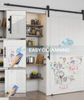 48x84 Inch Sliding Barn Door With 8 Foot Hardware Kit Handle Floor Guides And Easy DIY Installation White MDF Door with artwork, easy cleaning demonstration.