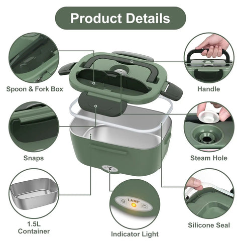 Hot On The Go Electric Lunch Box For Adults, 80W Portable Food Warmer, 1.5 Liter 304 Stainless Steel Container, 110V 12V 24V