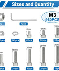 Top Shelf Heavy Duty 960 Piece M3 Hex Socket Head Cap Screw Assortment Kit With Hex Nuts And Flat Washers 304 Stainless Steel sizes and quantities chart