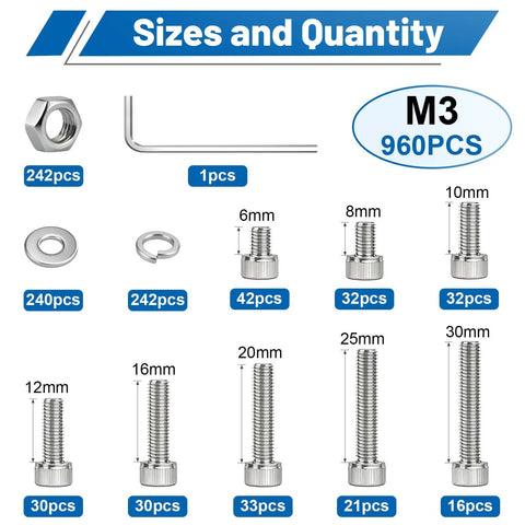 Top Shelf Heavy Duty 960 Piece M3 Hex Socket Head Cap Screw Assortment Kit With Hex Nuts And Flat Washers 304 Stainless Steel sizes and quantities chart