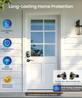 Keyless Entry Door Lock With 2 Lever Handles Electronic Keypad Deadbolt Auto Lock Backlit Keypad No Fuss Install Anti Peep Codes 20 Permanent PINs For Family And Guests Oil Rubbed Bronze Front Door Handle Set on a white door under a lantern.