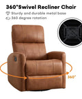 Swivel Rocker Recliner Chair With Faux Leather, Manual Glider, 360 Degree Swivel, Nursery Friendly For Adults, Padded Backrest, Comfy And Cozy Living Room Recliner In Dark Brown, shown with 360-degree rotation arrows and base detail.