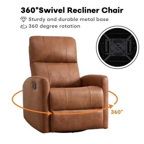 Swivel Rocker Recliner Chair With Faux Leather, Manual Glider, 360 Degree Swivel, Nursery Friendly For Adults, Padded Backrest, Comfy And Cozy Living Room Recliner In Dark Brown, shown with 360-degree rotation arrows and base detail.