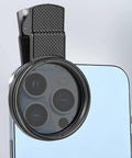52mm Clip-On Circular Polarizer Filter for iPhone and Android attached to phone camera, CPL Lens With Multi-Layer Coating visible.