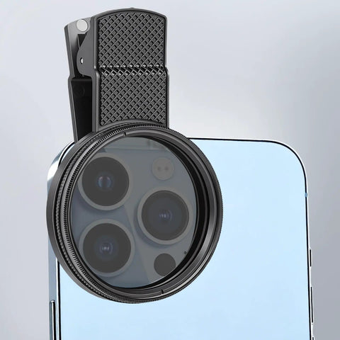 52mm Clip-On Circular Polarizer Filter for iPhone and Android attached to phone camera, CPL Lens With Multi-Layer Coating visible.