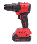 Reliable Cordless Drill Featuring A Brushless Motor And Twin Batteries For No Sweat Drilling 25 Plus One Torque Settings At 1500 RPM side view showing red and black battery-operated drill with grip.