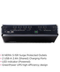 Front view of Slim Profile 750VA 450W Standby UPS With Simulated Sine Wave Backup Power, showing eight NEMA outlets and USB ports.