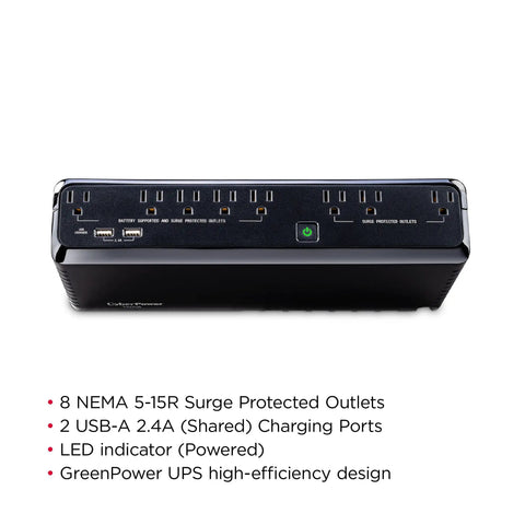 Front view of Slim Profile 750VA 450W Standby UPS With Simulated Sine Wave Backup Power, showing eight NEMA outlets and USB ports.