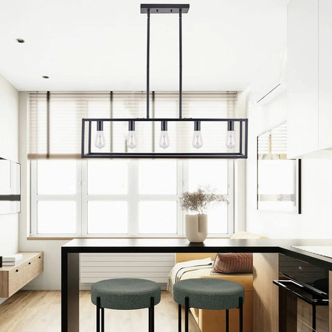 Farmhouse Rectangle Chandelier With Adjustable Height Matte Black 5 Light Industrial Pendant Lighting For Dining Room Kitchen Island And Foyer A Modern Rustic Ceiling Fixture hanging over a kitchen island.