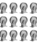 Heavy Duty 4 Inch Cast Iron Caster Wheels Rigid Plate Mount 12 Pack Tough As Nails Industrial Cart Replacement Parts Built Like A Tank For Garage Workshop Applications.
