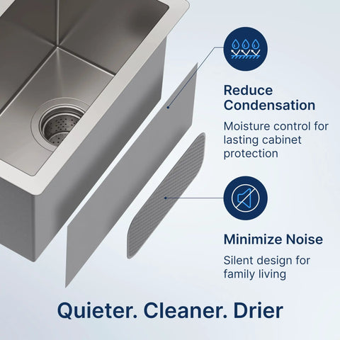 Undermount 10 x 17 Inch Bar Sink, 16 Gauge Single Bowl Handmade Stainless Steel Kitchen Sink For Home Or Bar shown with noise reduction and moisture control features.