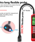 Red handheld halogen freon leak detector with UV light probe, heated diode sensor and 180° flexible probe