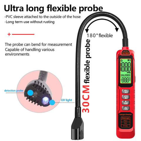 Red handheld halogen freon leak detector with UV light probe, heated diode sensor and 180° flexible probe