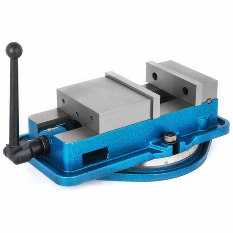 Heavy Duty Six Inch Milling Vise With Swivel Base And Tough As Nails Jaw Clamp For CNC Mill Lockdown Bulletproof Stability, close-up view.