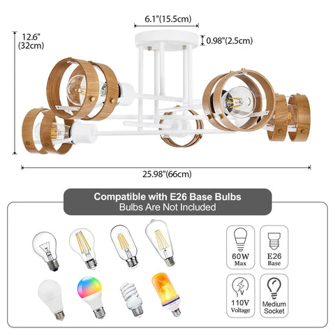 Five Light Matte White Sputnik Ceiling Light Fixture With Wood Band Accents Semi Flush Mount dimensions and bulb compatibility