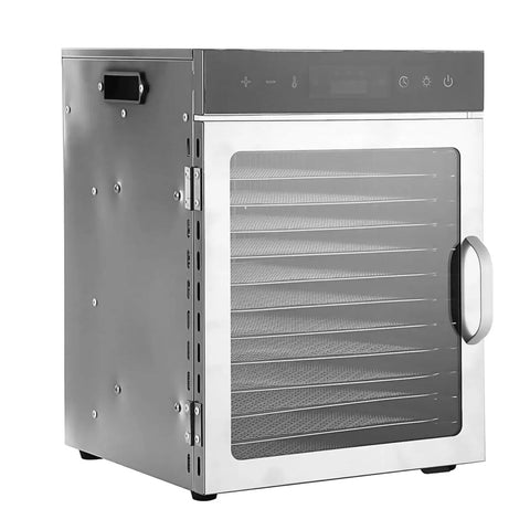 Hella Effective Electric Food Dehydrator With 12 Stainless Steel Trays and 24 Hour Timer, showing stainless steel exterior and transparent door.