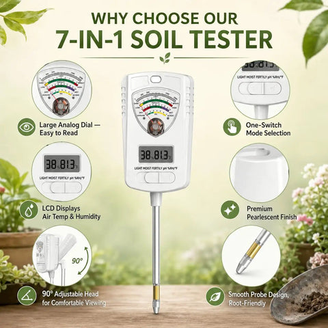 All In One 7 In 1 Soil Tester For Moisture pH Fertility Temperature Humidity And Light Digital Soil Meter For Garden Lawn Farm Indoor And Outdoor Use The Go To Tool For Smart Plant Care, white body with analog dial