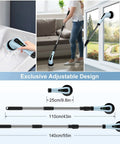 Cordless Spin Scrubber With Adjustable Extension Handle and 7 Replaceable Brush Heads used on tub and window surfaces.