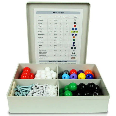 Open box showing Organic Chemistry Molecular Model Kit For Students With 88 Atoms And 140 Bond Parts Color Coded Atoms For Visual Hands On