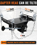 Universal Transmission Jack Adapter For Floor Jacks, tilting adapter head with safety chain, measurements visible