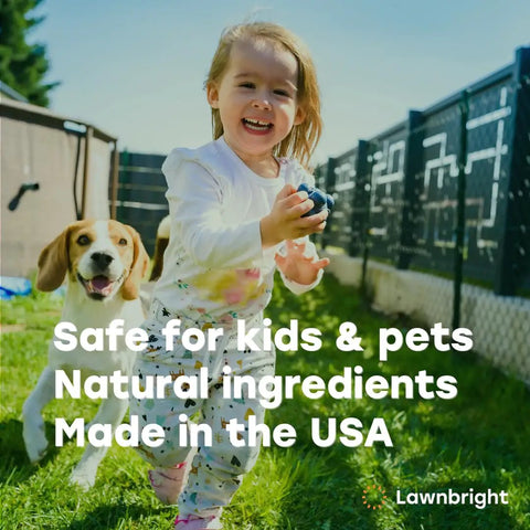 Child playing in lawn with dog, highlighting Liquid Lawn Aerator That Loosens Hard Clay Soil With No Equipment Needed Spray On