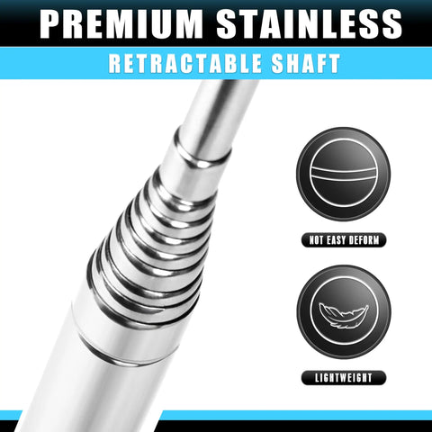 Close-up of Performance Golf Ball Retriever with Thick Stainless Steel Shaft and Rubber Grip, lightweight features displayed