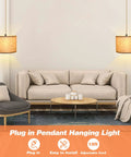 Plug In Pendant Lights Duo With 15ft Hemp Rope And Beige Linen Shade, Two Pack, Adjustable Color Temperature 2700K 4000K 5000K in living room