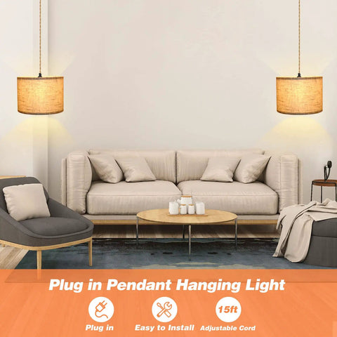 Plug In Pendant Lights Duo With 15ft Hemp Rope And Beige Linen Shade, Two Pack, Adjustable Color Temperature 2700K 4000K 5000K in living room