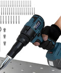 Upgraded Cordless Rivet Gun With Brushless Motor And Led Light For Makita 18V Batteries handling aluminum rivets over metal surface.