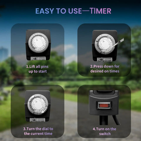 Instructions for using Slick 24 Hour Outdoor Stake Timer Boasts 6 Outlets And 6 Ft Extension Cord with clear icons.