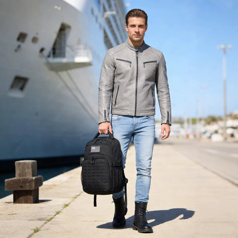 Man holding Military Tactical Backpack With Laser Cut MOLLE Webbing, 25L EDC Daypack For Men, black, walking by a docked ship.