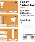 Heavy Duty White Curtain Track System For Ceiling Or Wall Mount With Thickened 6.89 Ft Rail And Hook Set, Ideal Room Divider For Living Room, Bedroom, Office, Or RV, Built To Be Durable, Rock Solid, And Long Lasting. Accessories shown with white track runners, hooks, brackets, and connectors