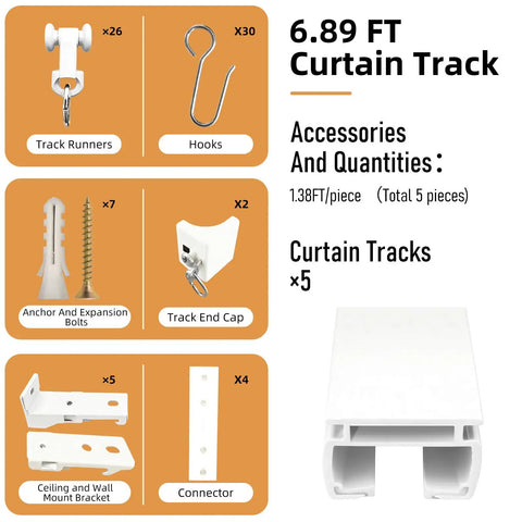 Heavy Duty White Curtain Track System For Ceiling Or Wall Mount With Thickened 6.89 Ft Rail And Hook Set, Ideal Room Divider For Living Room, Bedroom, Office, Or RV, Built To Be Durable, Rock Solid, And Long Lasting. Accessories shown with white track runners, hooks, brackets, and connectors