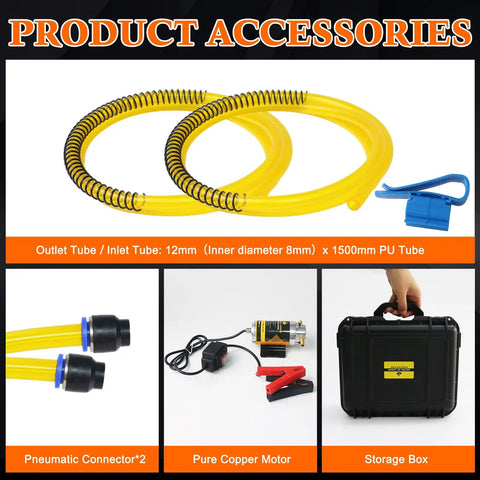 Accessories for 12V 100W Oil Transfer Pump Set With Durable Aluminum Head, including tubes, connectors, motor, and storage box