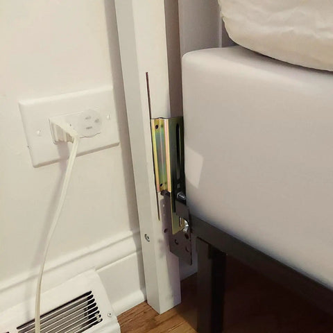 Four Piece Bed Frame Conversion Bracket Kit Featuring Sweet Headboard Swap Hardware Heavy Duty Connectors For Seamless Metal To Vintage Beds Adjustable Offset Mount Design Solid Gear Dream Setup, showcasing installed bracket.
