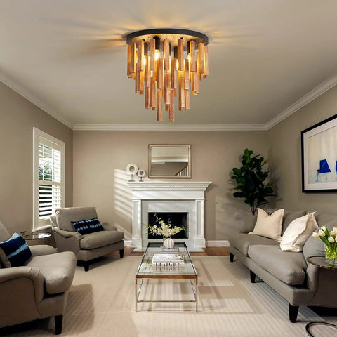 5 Light Rustic Oak And Black Semi Flush Mount Ceiling Fixture With E26 Base illuminating a cozy living room setting.