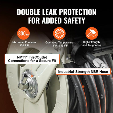 Heavy Duty 1 Inch By 33 Foot Fuel Hose Reel With Retractable Diesel Hose, Carbon Steel Construction, Automatic Nozzle, NBR Rubber Hose, 300 PSI