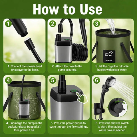 Instruction guide for Portable Camping Shower Kit With 6000mAh Rechargeable Battery Smart LED Display Four Spray Modes IPX7 Waterproof