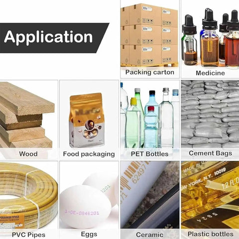 Industrial Inkjet Printer With 25.4mm Nozzle And Touch Screen For Date Codeing Barcode Text Image Printing Adjustable Angles Online Coding Machine For Production Line Label Application applications including wood, food packaging, PET bottles, and cement bags.