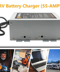 Reliable Serious Juice 55 Amp 120V To 12V DC Power Converter With Built In Three Stage Smart Battery Charger side view.